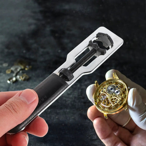 Must Have Dual Function Watch Case Opener And Spring Pin Tool Set showing tool and watch mechanism