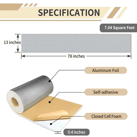 Specifications of Badass PEF Foam Insulation Roll With Thick Aluminum Coating Peel And Stick Backing 13 By 78 Inch.