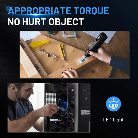 4V Cordless Electric Screwdriver Kit with USB C Charge used on wooden furniture and electronics, LED Light in use.