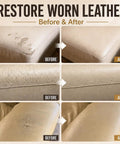 Before and after images of scuffed leather showing restoration with Professional Grade Easy Apply Leather And Vinyl Repair Kit.