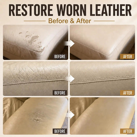 Before and after images of scuffed leather showing restoration with Professional Grade Easy Apply Leather And Vinyl Repair Kit.