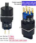 16mm Three Position Rotary Switch With Two NO Two NC DPDT Latching 5 Amp 250 Volt, UL Listed, front and side views