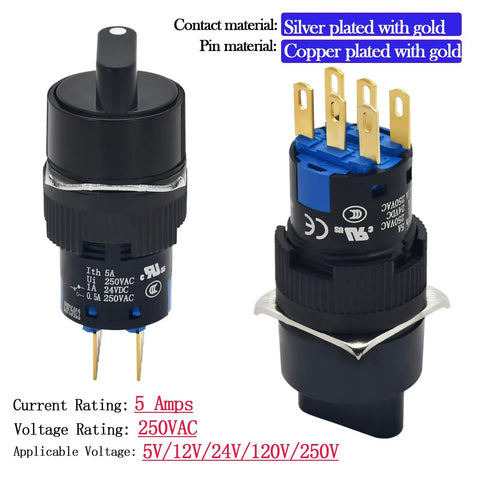 16mm Three Position Rotary Switch With Two NO Two NC DPDT Latching 5 Amp 250 Volt, UL Listed, front and side views