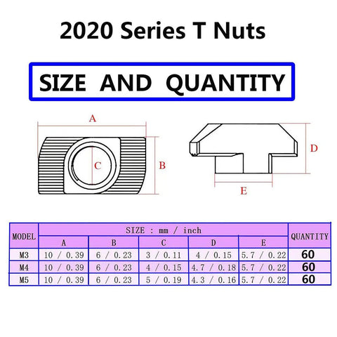 Heavy Duty Hammer Head T Slot Nuts Set For 20 Series Aluminum Profiles M3 M4 M5 Nickel Plated Carbon Steel 180 Piece Size Chart