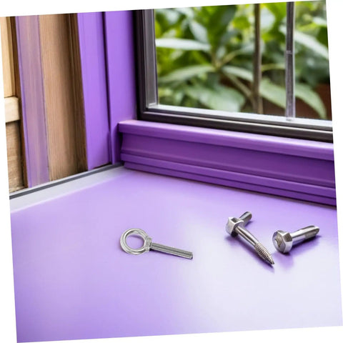 Pro Grade Stainless Steel Eye Bolts M10x60 Threaded Hang Hooks With Nuts And Washers on a purple surface by a window.