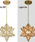Brass Moravian Star Pendant Light With Seeded Glass Shade 11 Inch Ceiling Fixture For Living Room Boho Modern Rustic Vibe Handcrafted Star Design In Warm Gold, light off and on