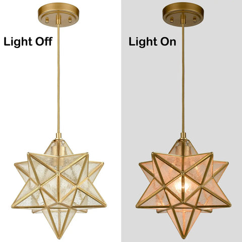 Brass Moravian Star Pendant Light With Seeded Glass Shade 11 Inch Ceiling Fixture For Living Room Boho Modern Rustic Vibe Handcrafted Star Design In Warm Gold, light off and on
