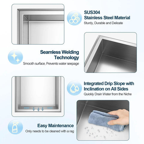 Features of Stainless Steel Shower Niche 12x12 In Recessed Shelf Brushed Nickel Finish Waterproof Wall Storage Niche No Tile Needed Easy Install
