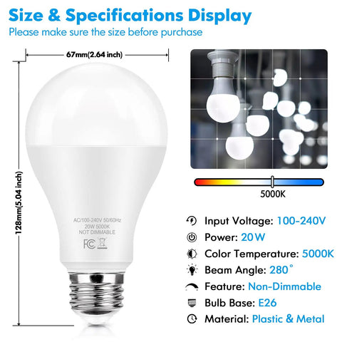 Ultra Bright 2200 Lumen LED Bulbs 150 Watt Equivalent, 20W Non Dimmable, Daylight White 5000K, A21 E26 Base, bulb specifications
