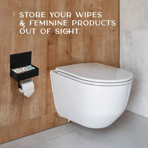 Toilet Paper Holder With Shelf And Storage Black Wall Mount Bathroom Organizer With Built In Phone Shelf next to toilet.
