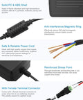 12V 5A LED Strip Power Supply, 60W AC to DC Adapter features including magnetic ring, female terminal connector, and power cord details