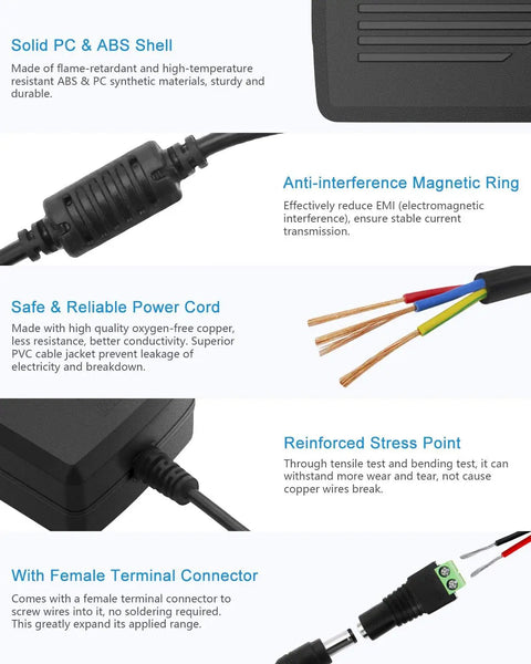 12V 5A LED Strip Power Supply, 60W AC to DC Adapter features including magnetic ring, female terminal connector, and power cord details