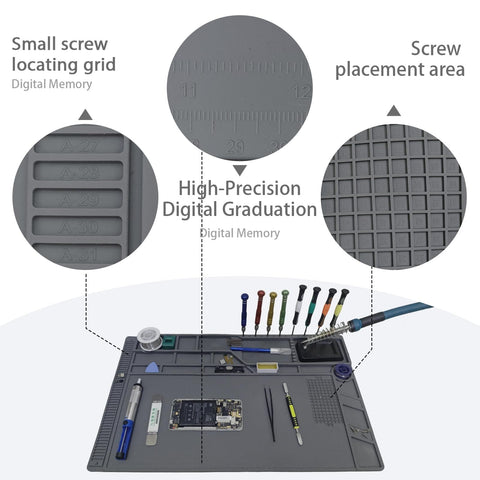 Extra Large Silicone Soldering Mat 21.6 By 13.8 Inches, Heat Resistant Up To 932 Degrees Fahrenheit, shown with scale and tool organizer