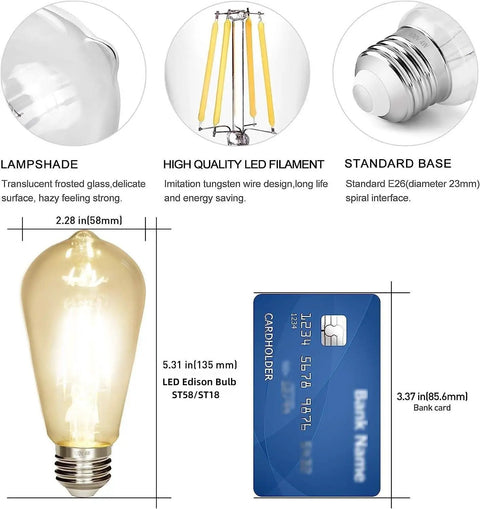 Diagram showing Vintage Edison Style LED Filament Bulb 40W Equivalent E26 Non Dimmable 450 Lumens with clear glass, 3-pack specs
