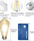 Diagram showing Retro Edison LED Bulb 4W 450 Lumens 2700K Warm White E26 Base size compared to credit card, with filament and base details.