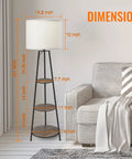 Three Tier Round Corner Floor Lamp With Shelves Dimmable Levels White Fabric Shade in living room with sofa, shows dimensions