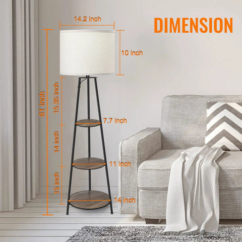 Three Tier Round Corner Floor Lamp With Shelves Dimmable Levels White Fabric Shade in living room with sofa, shows dimensions