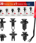 Universal Car Retainer Clip Kit With Remover, 120 Pieces In Four Sizes, black nylon push rivets and red handle tool shown