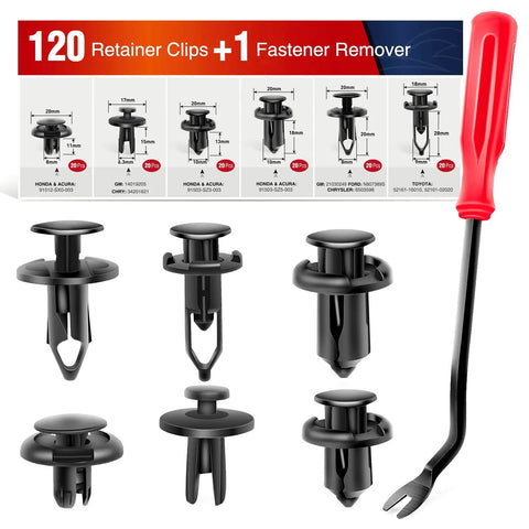 Universal Car Retainer Clip Kit With Remover, 120 Pieces In Four Sizes, black nylon push rivets and red handle tool shown
