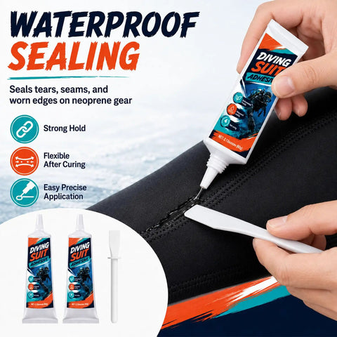 120 Gram Flexible Wetsuit Repair Adhesive Wader Patch Kit applying adhesive on a neoprene diving suit seam for waterproof sealing.