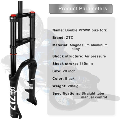 Beefy Fat Tire Mountain Bike Fork With 180mm Travel, 135mm Hub Spacing, 9mm QR, 74mm Disc, And Double Crown Suspension details