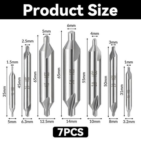 Pro Grade Center Drill Bit Set For Lathe And Metalworking, 60 Degree M2 High Speed Steel Center Bits With Countersink, Seven Sizes displayed