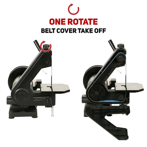 Hardcore Low Speed Bench Grinder Combines One By Thirty Inch Sanding Belt With Six Inch Finishing Disc for tool maintenance image.