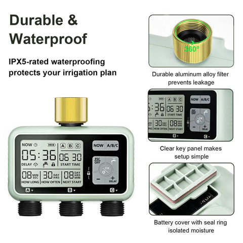 3 Zone Brass Inlet Watering Timer With Rain Delay, Auto And Manual Modes, 3 Outlet Sprinkler Timer for outdoor garden use