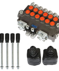 All-CARB 6-spool hydraulic directional control valve with orange port plugs, four joystick levers, mounting hardware
