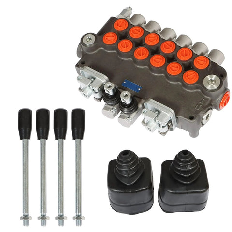 All-CARB 6-spool hydraulic directional control valve with orange port plugs, four joystick levers, mounting hardware