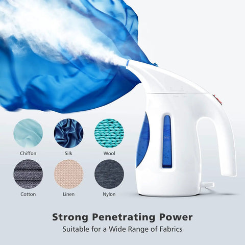 Powerful 700W Portable Handheld Clothes Steamer With 240ml Tank And Brush steaming blue fabric, fabric types shown