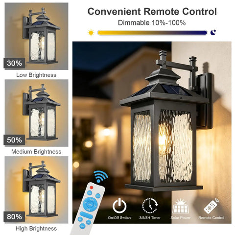 Luminzone Outdoor Light Fixtures Wall Mount Solar Lantern, Vintage Dusk to Dawn Wall Sconce with Remote Control & LED Bulb, 18'' with dimmable brightness.