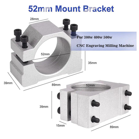 52mm mount bracket for Beefy 500W Air Cooled CNC Spindle Kit for DIY engraving and milling, shown with measurements and screws