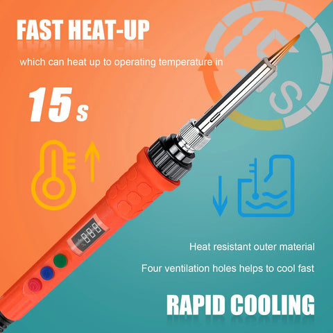 120W Digital Soldering Iron For DIYers With LED Display, highlighting fast heat-up and cooling features, vibrant background
