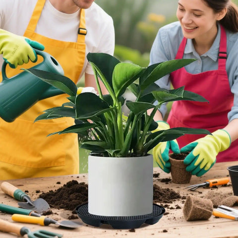 Self Watering Fabric Pot Base For Heavy Flower Pots Indoor Outdoor Garden System Auto Base For Fabric Grow Bags on table with plant and gardening tools