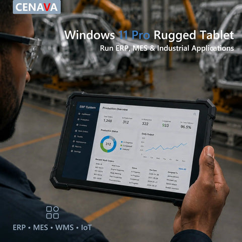 User holding Heavy Duty 10.1 Inch Windows 11 Pro Rugged Tablet displaying production stats in a factory setting.