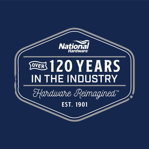 National Hardware logo featuring over 120 years in the industry badge, blue background, established 1901.