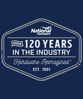 Logo of National Hardware highlighting over 120 years in the industry and the tagline 'Hardware Reimagined'.