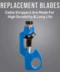 Handy Round Cable Strip And Ring Tool For 4.5 To 29 Mm Cables With Triple Action Cutting, blue plastic handle, replacement blades shown.