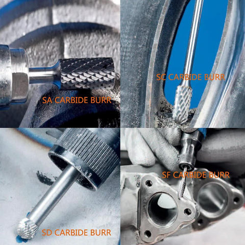 Collage of four carbide burrs with 1/4 inch shanks, double-cut for die grinder use (SA/SC/SF/SD variants)