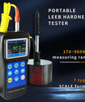 Portable hardness tester with digital screen and buttons, yellow cable, and probe device for material testing; measuring range visible.