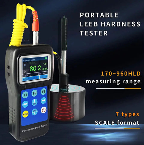 Portable hardness tester with digital screen and buttons, yellow cable, and probe device for material testing; measuring range visible.