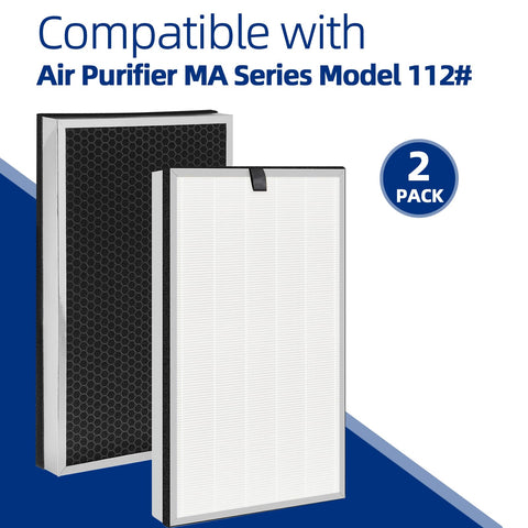 2-pack air purifier replacement filter for MA Series 112 V2.0, 3-in-1 filtration system with nylon pre-filter and activated carbon.