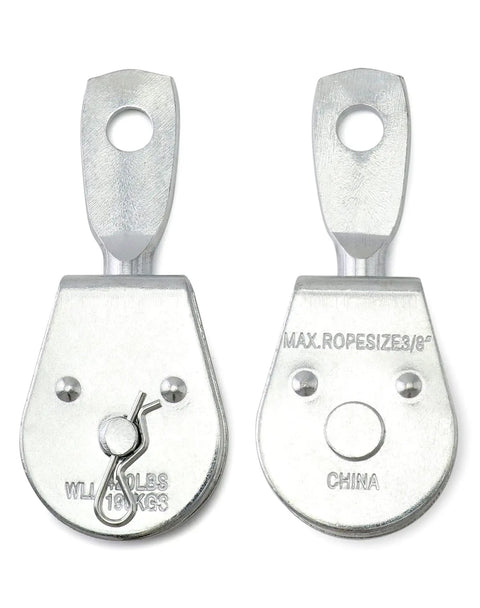 8 Pack Heavy Duty Zinc Plated Iron Single Pulley Block Wheel With 360 Degree Swivel For Lifting Rope, 420 Lb Load Capacity, Fits Three Eighths Inch Rope, Built Tough For Outdoor Projects. zinc-plated iron pulley blocks with 3/8 in rope marking