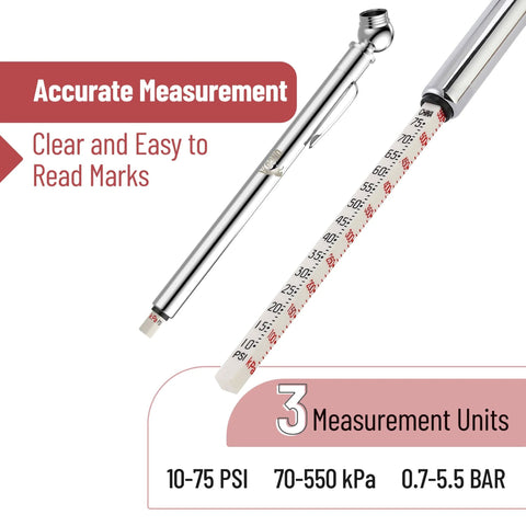 Front view of UNCO pencil tire gauges, chrome and white bodies, 2-pack, 10-75 PSI car tire gauge.