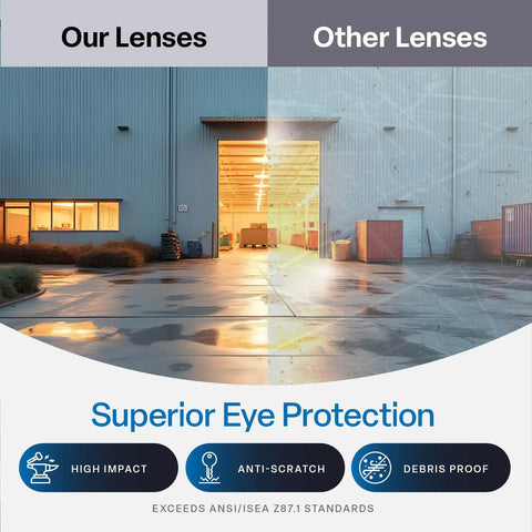 Comparison of Sleek Lightweight Safety Glasses With No Sweat Anti Fog And Scratch Resistant Lenses showing benefits in warehouse setting.