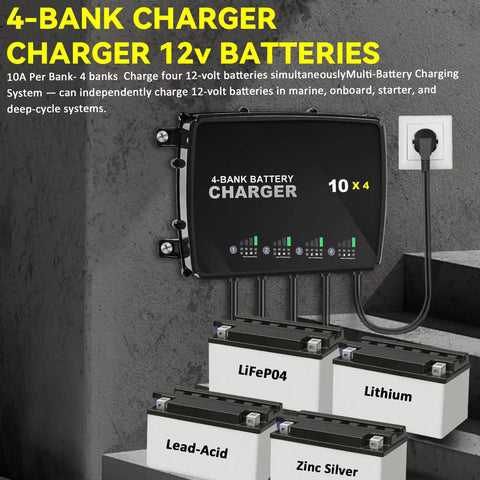 Four Bank 12V Marine Battery Charger Delivering 40A Total With 10A Per Bank, Compatible With AGM LiFePO4 And Deep Cycle Batteries