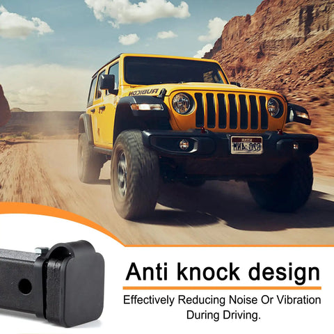 2 Inch Hitch Cover With Flag Design on SUV in desert, anti-knock feature highlighted, universal receiver tube plug visible