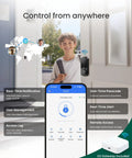 Young boy stands by front door with Ultra Secure WiFi Fingerprint Smart Door Lock With Remote App Control And Digital Keypad.