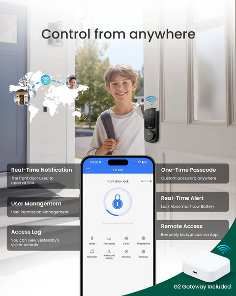 Young boy stands by front door with Ultra Secure WiFi Fingerprint Smart Door Lock With Remote App Control And Digital Keypad.
